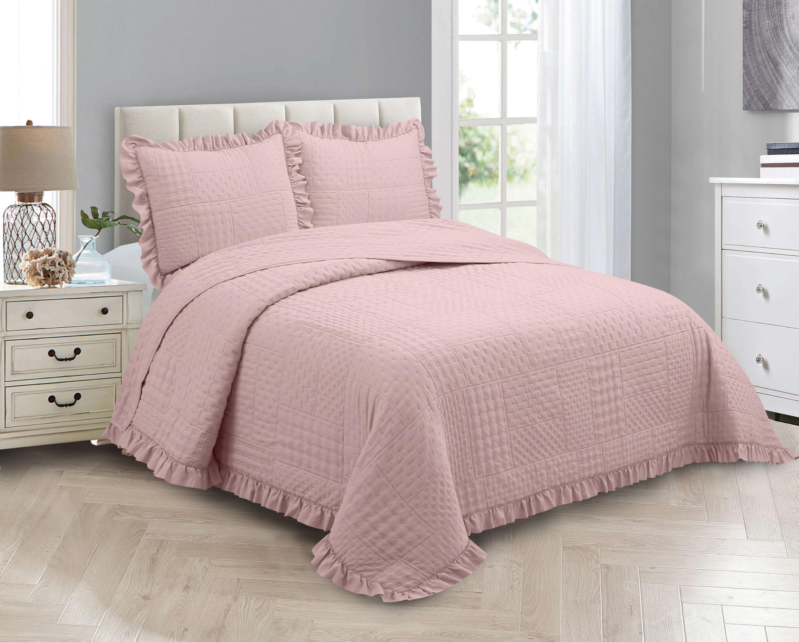 MK Collection Embossed Modern Ultasonic Quilted Oversized Coverlet Bedspread Set Solid Color New #Ruby (Pink, King/Cal King)