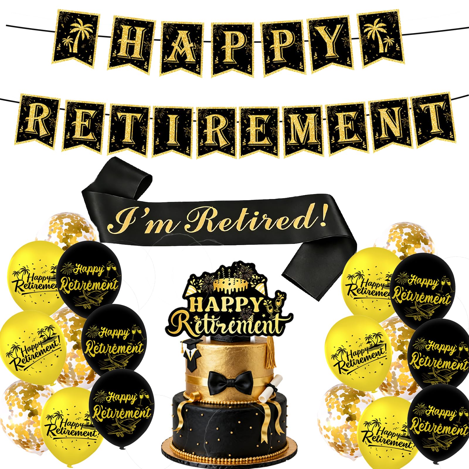 21 PCS Retirement Party Decorations Set, Happy Retirement Banner Balloons Cake Topper I'm Retired Sash with Ribbon for Women Men Retired Theme Party Decoration Sorry Your Leaving Party Supplies