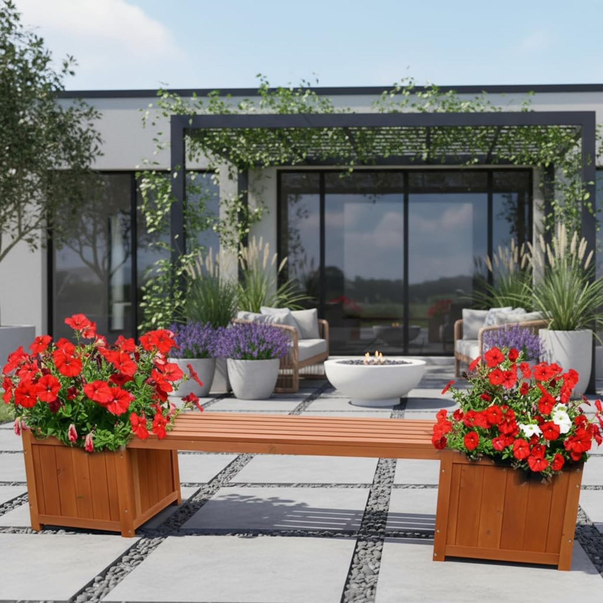 Mucola Gartenbank mit Pflanzkasten 2-Sitzer 180x40x40 cm Holz imprägniert | Sitzbank mit 2 integrierten Blumenkästen, Terrasse, Balkon, Outdoor, warme Maserung, schnelle Montage ohne Spezialwerkzeug