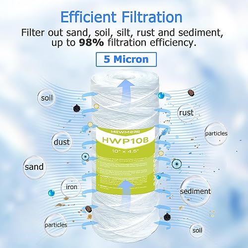 Miniatura 2 de MewMore Cartucho de filtro de agua de 5 micrones para toda la casa, filtros de sedimentos para heridas de cuerda para agua de pozo, repuesto para