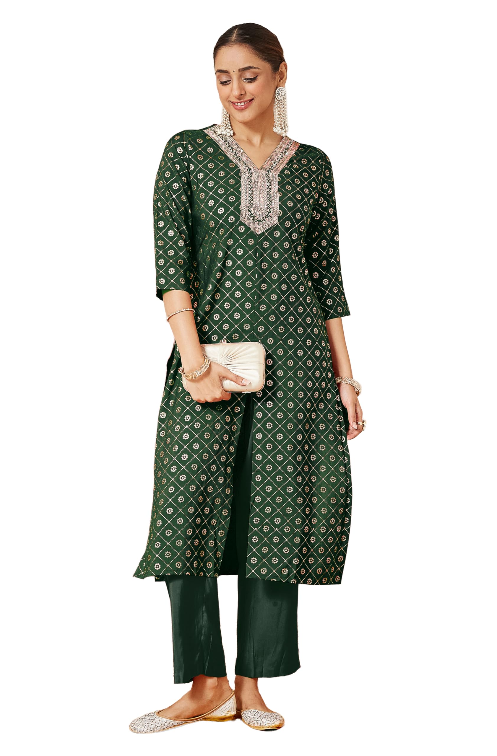 janasya Women's Maroon Chanderi Silk Embellished Gold Printed Front Slit Kurta Pant Set-picture-40
