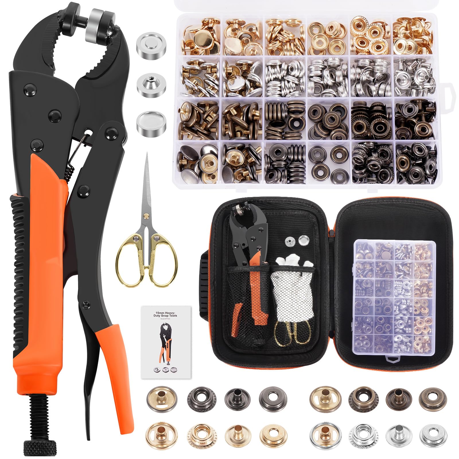 Robustes Druckknopf-Set mit magnetischer Zange, 100 Messing-Druckknöpfe in 4 Farben, 3 Formen, weiße Handschuhe, Schere und transparente Aufbewahrungsbox, DIY-Werkzeug für Kleidung, Leder und