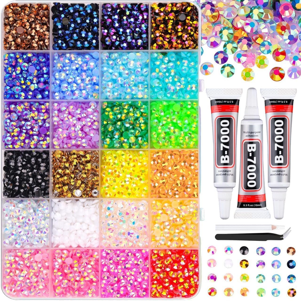 24000 PCS Resin Rhinestones Kit for Bedazzling, 24 Colors 3mm AB Flatback Gems with 3 x B7000 Glue, Tweezers & Pickup Pen | Rhinestone Kit for Nail Art, DIY Crafts, Tumblers, Jewelry Making, Clothes, Shoes & Phone Case Decoration-image-11