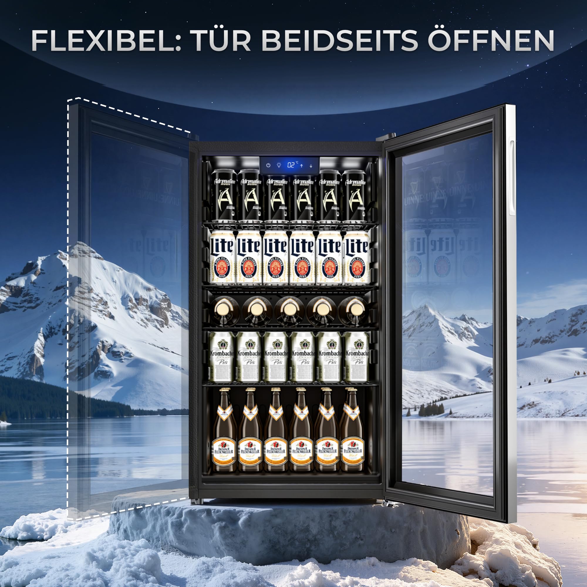 TRIUMPHKEY 86L Getränkekühlschrank Edelstahl-Türrahmen gleichmäßige Kühlung frostfrei 4 Ablagen 130 Dosen