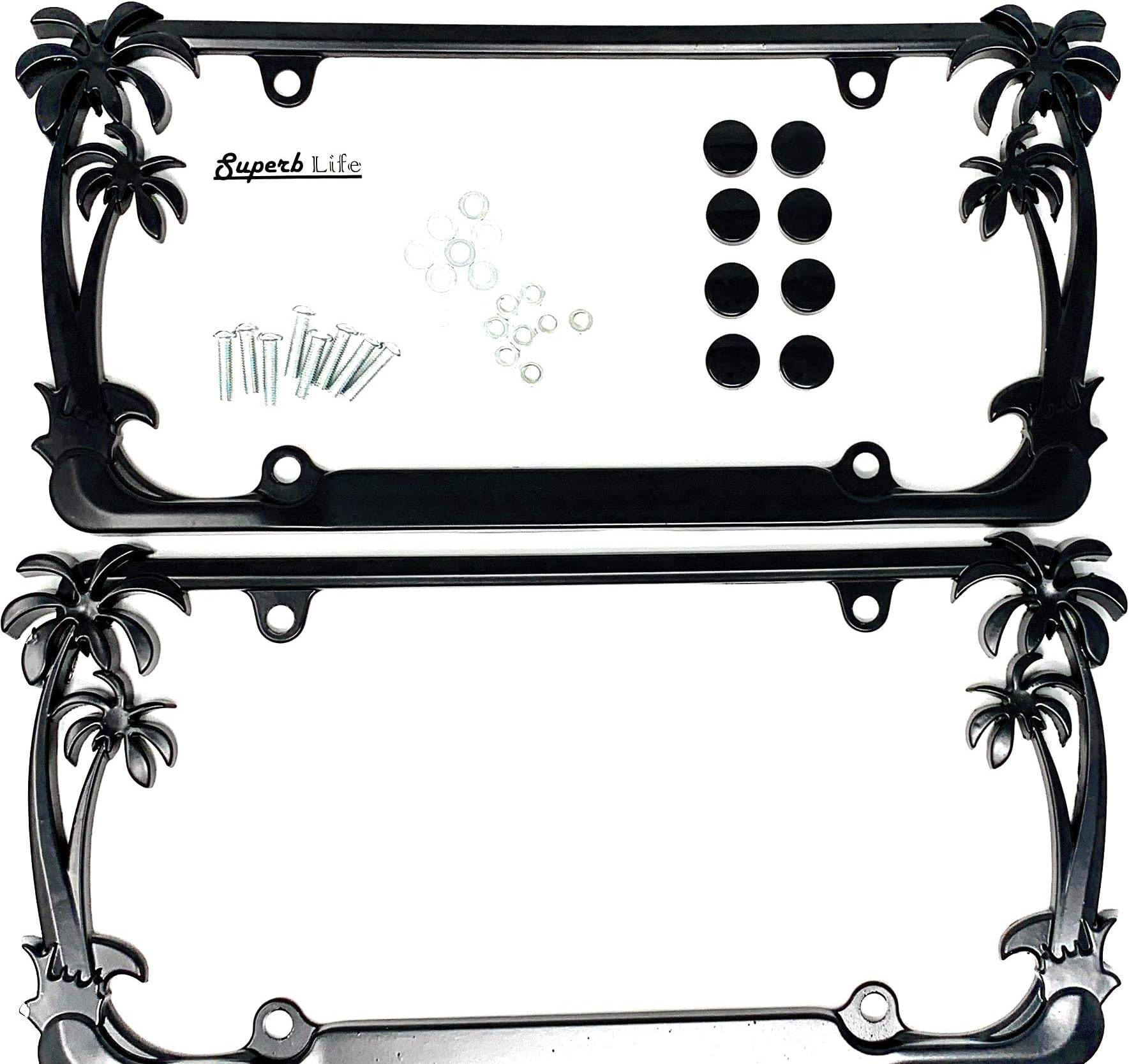 Superb LNF Tropical Palm Tree Chrome Polished License Plate Frame (2 Frames) with Theft-Deterrent caps bu Black AB121810
