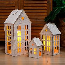 TRIROCKS 3 Pcs Decorative Mantel Shelf Tea Light Lanterns 13.5"&9.5"&5.5" H Village Farmhouse House Candle Holders for Home Decor Patio Wedding Parties Ornaments Indoors OutdoorsCream White