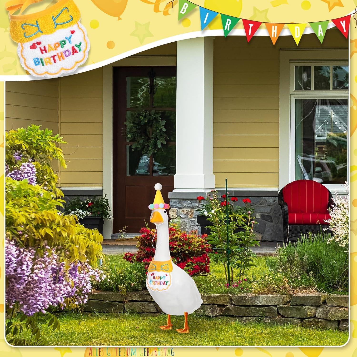 Abbylike Birthday Porch Goose Outfit with Party Hat Bandana, Yellow