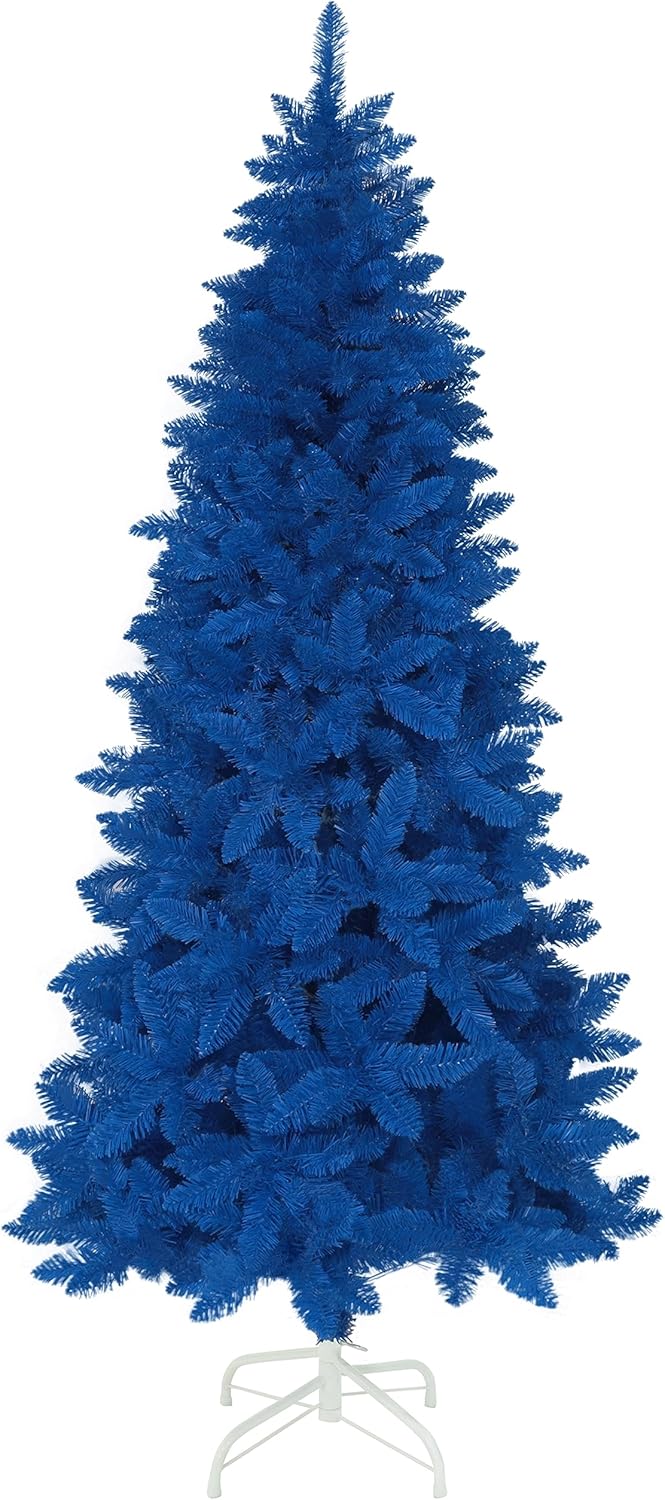 MUPATER Pencil Christmas Tree 6ft, Prelit Artificial Christmas Tree with Metal Stand, Slim Xtmas Tree with Warm White Lights, Xmas Decoration for Home, Office, Party, Indoors and Outdoors (Blue)