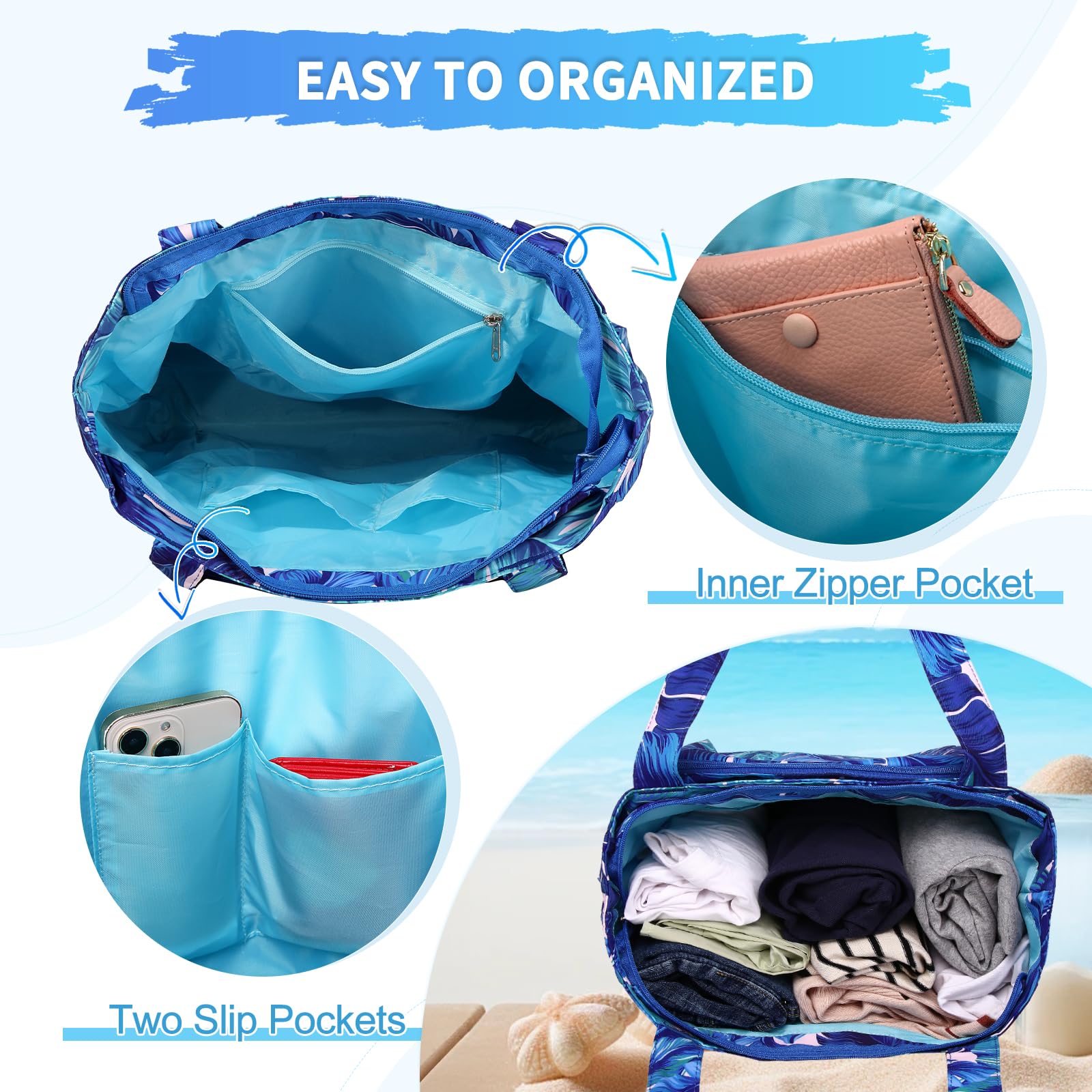 Chase Chic Bolsa de Playa Grande Familiar para Mujer con Cremallera, Impermeable, 8 Bolsillos - Bolso Tote Plegable para Playa, Piscina, Viaje, Gimnasio Hoja de Plátano Azul