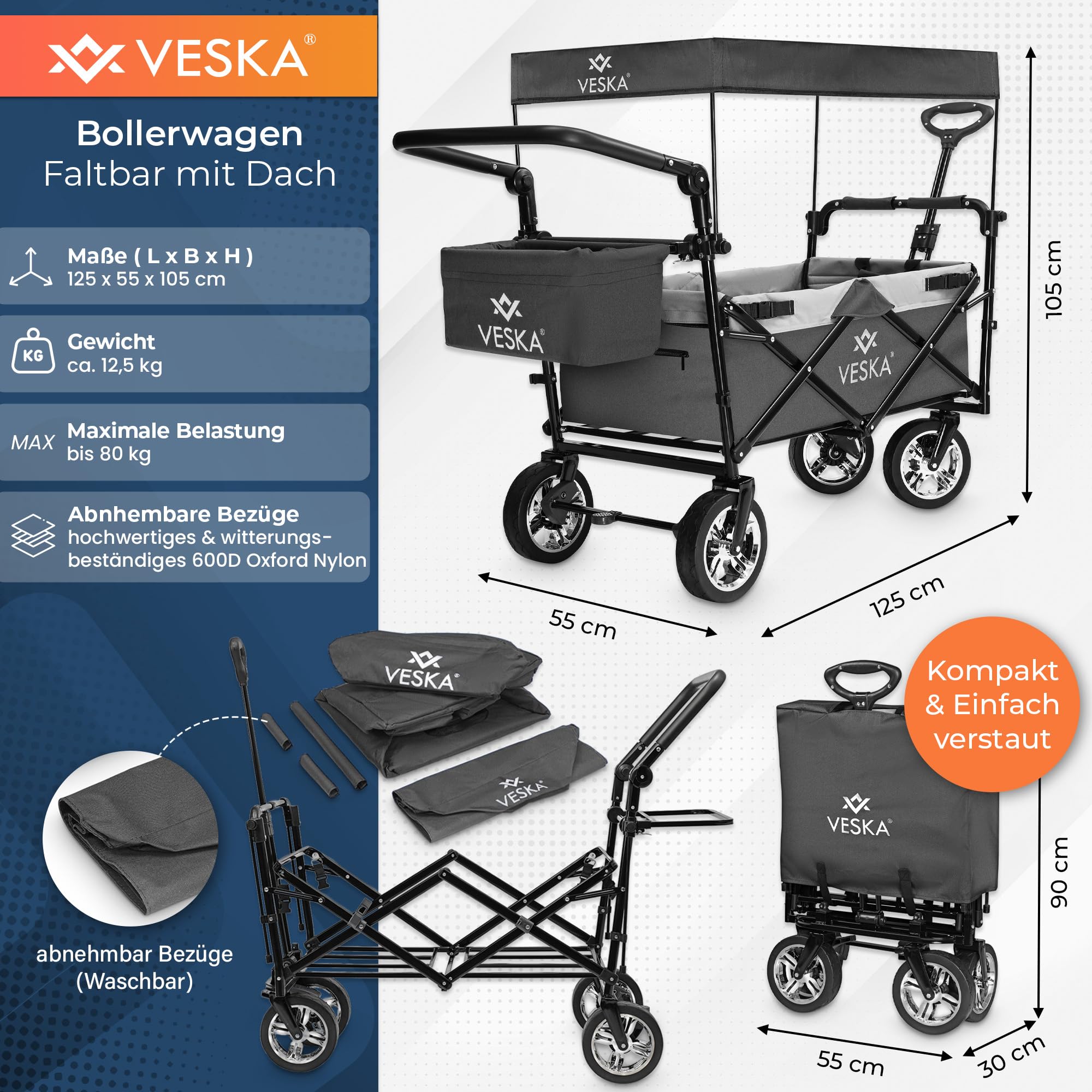 Bollerwagen faltbar mit Dach, Moskitonetz, Regencover, Handwagen Transportwagen | 2 Sitzer, Gurtsystem | klappbar | Vollgummi-Reifen | bis 80 kg | Vorder- und Hinter-Bremse + Tragetasche (anthrazit)