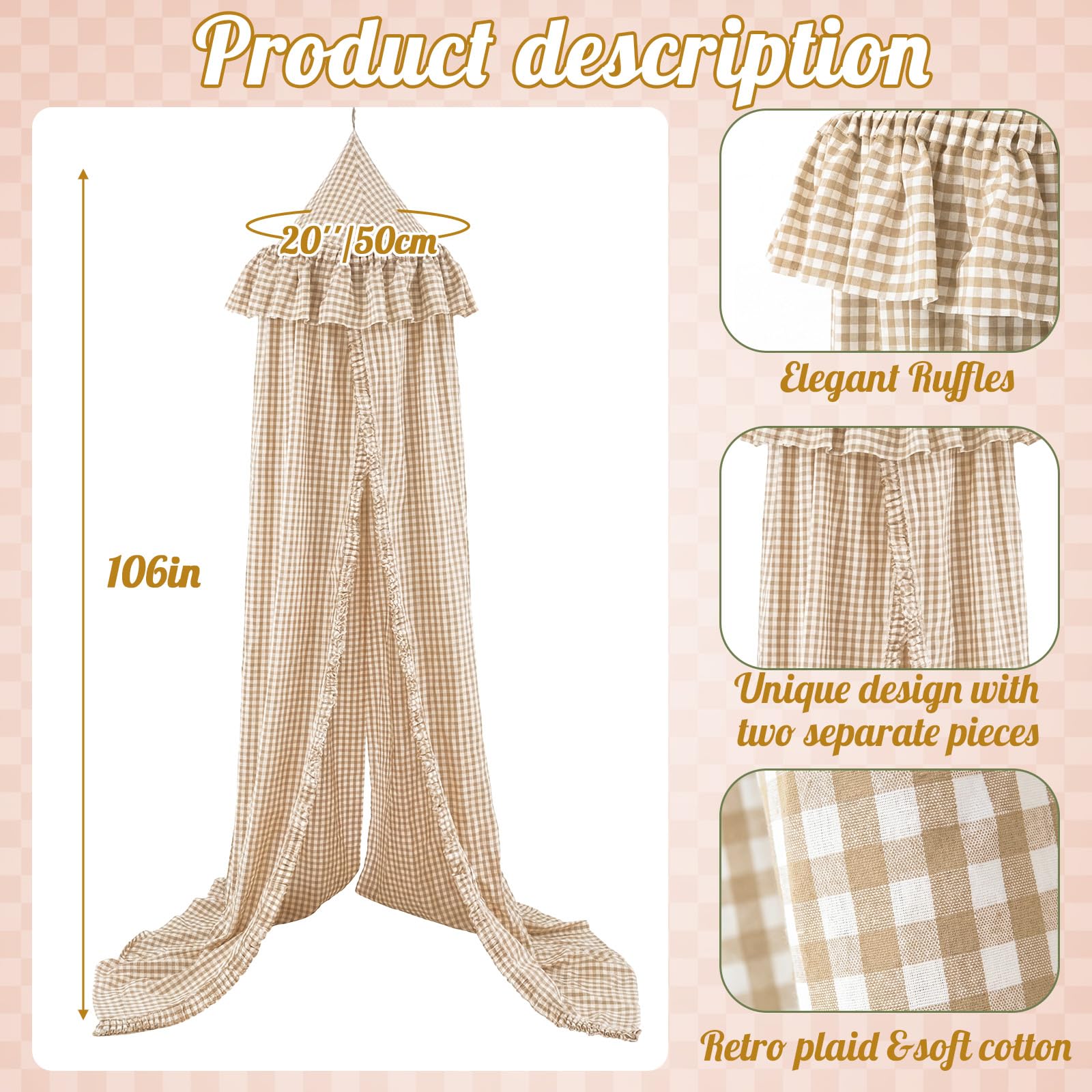 SmoothNovelty Gingham Plaid Bed Canopy with Ruffles Soft Vintage Style Decorative Tent for Reading Nook Play Area or Adult Bedroom Circus Tent Canopy(Beige) — view 2