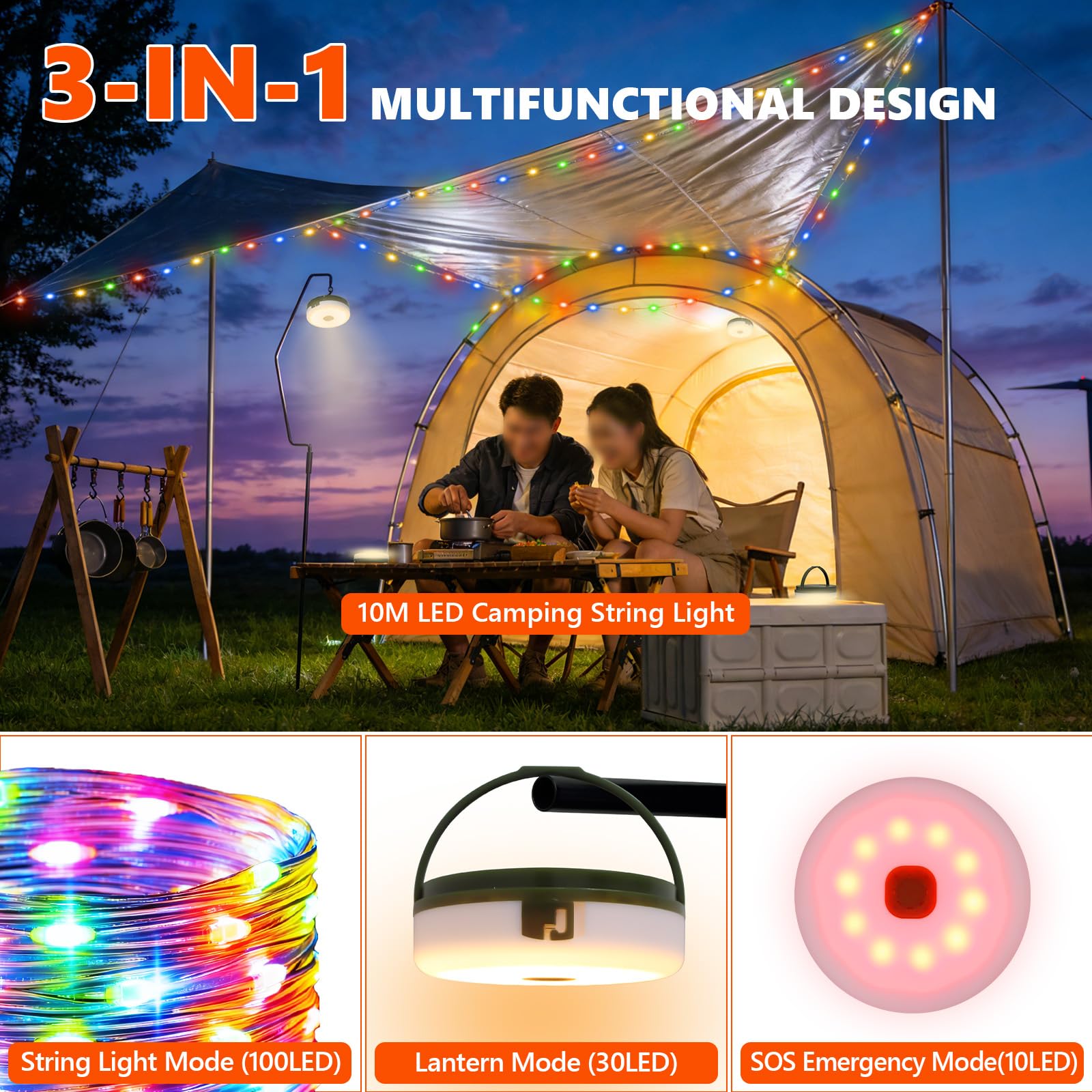 Cadena de luces de camping enrollable solar, 10 m, 3600 mAh, lámpara de camping con mando a distancia, USB, recargable, cadena de luces LED con 5 modos de iluminación, luz exterior para camping