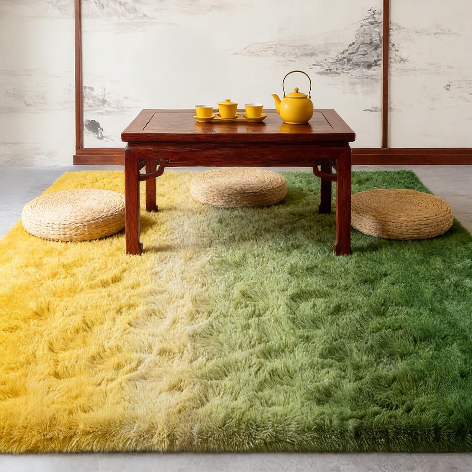 Tapis chambre enfant vert parfait pour habiller le sol devant le canapé