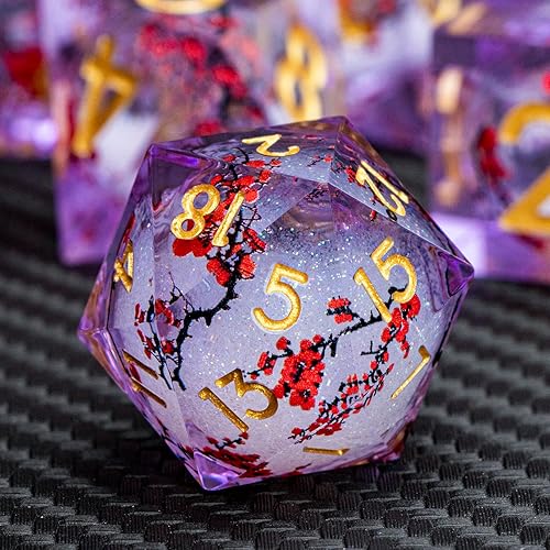 Miniatura 9 de ARUOHHA DND - Juego de dados de resina, 7 piezas hechas a mano con purpurina, dados de borde afilado con caja, dados poliédricos relámpagos Dungeons