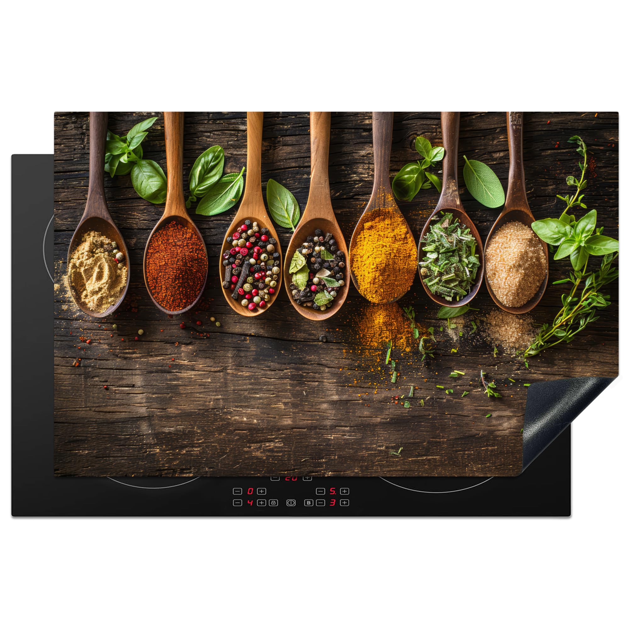 KitchenYeah© Induction Hob Protector Mat 20.5"x31.9" / 81x52 cm Stove Cap Top Cover Kitchen Cooker Covers for Electric Hobs Vinyl Herbs - Spices - Spoon - Leaves - Wood Print - Still Life