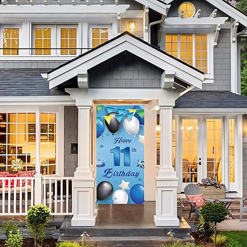 Miniatura 10 de Cartel azul de feliz cumpleaños 12, globos de fondo con estrellas, confeti y saludos a los 12 años, decoración temática de puerta, porche, regalos