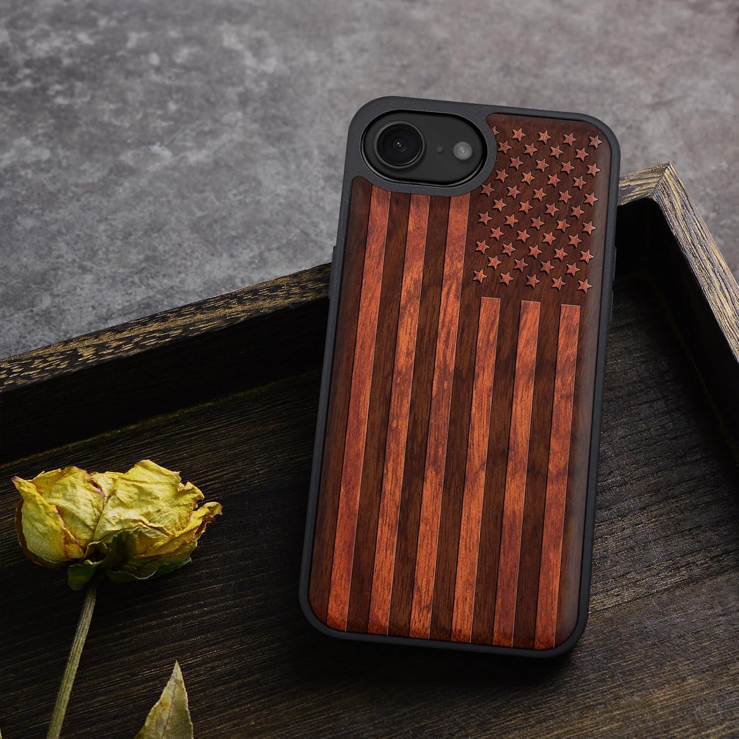 Carveit Magnetic Wooden Case for iPhone 16e 2025, Solid Wood & Black TPU, Artisan Engraved Design, Shockproof Cover, Compatible with MagSafe Wireless Chargers, American Flag - Rosy - Image 7