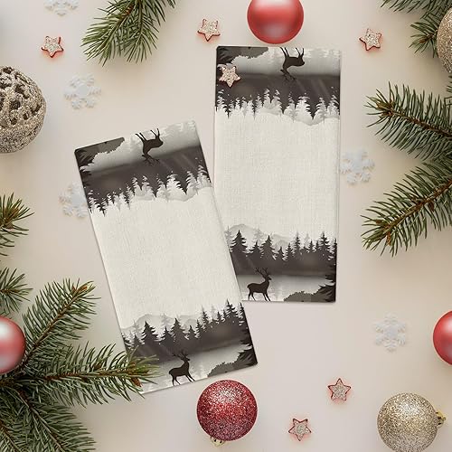 Miniatura 3 de Toallas de cocina de algodón, paquete de 2 paños de cocina de diseño de ciervo retro absorbentes con silueta de bosque, toallas de mano