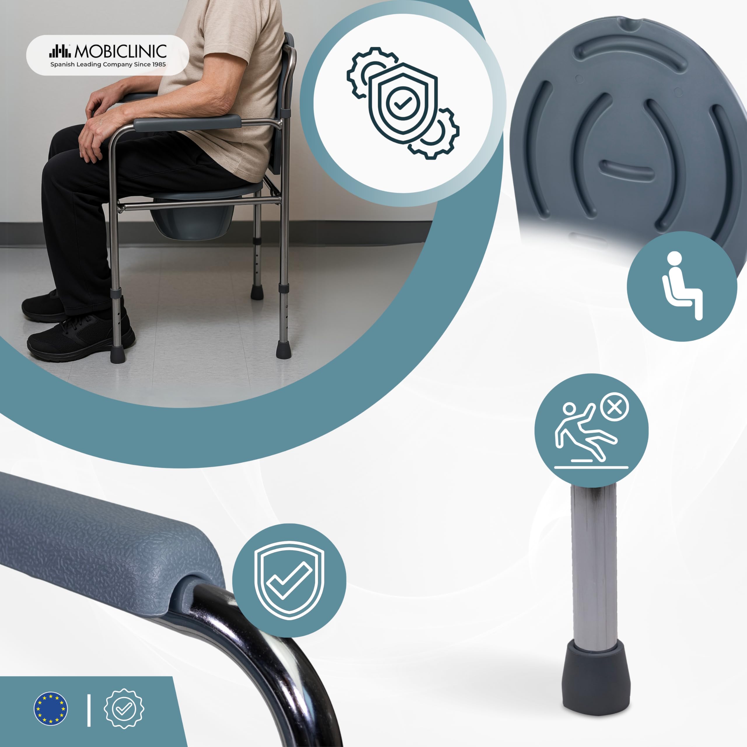 Mobiclinic®, Chaise percée, Pot, Acier, Réglable en hauteur, Puente, Toilette avec couvercle, Accoudoirs rembourrés, Pieds antidérapants, Máx. 100 Kg, Gris