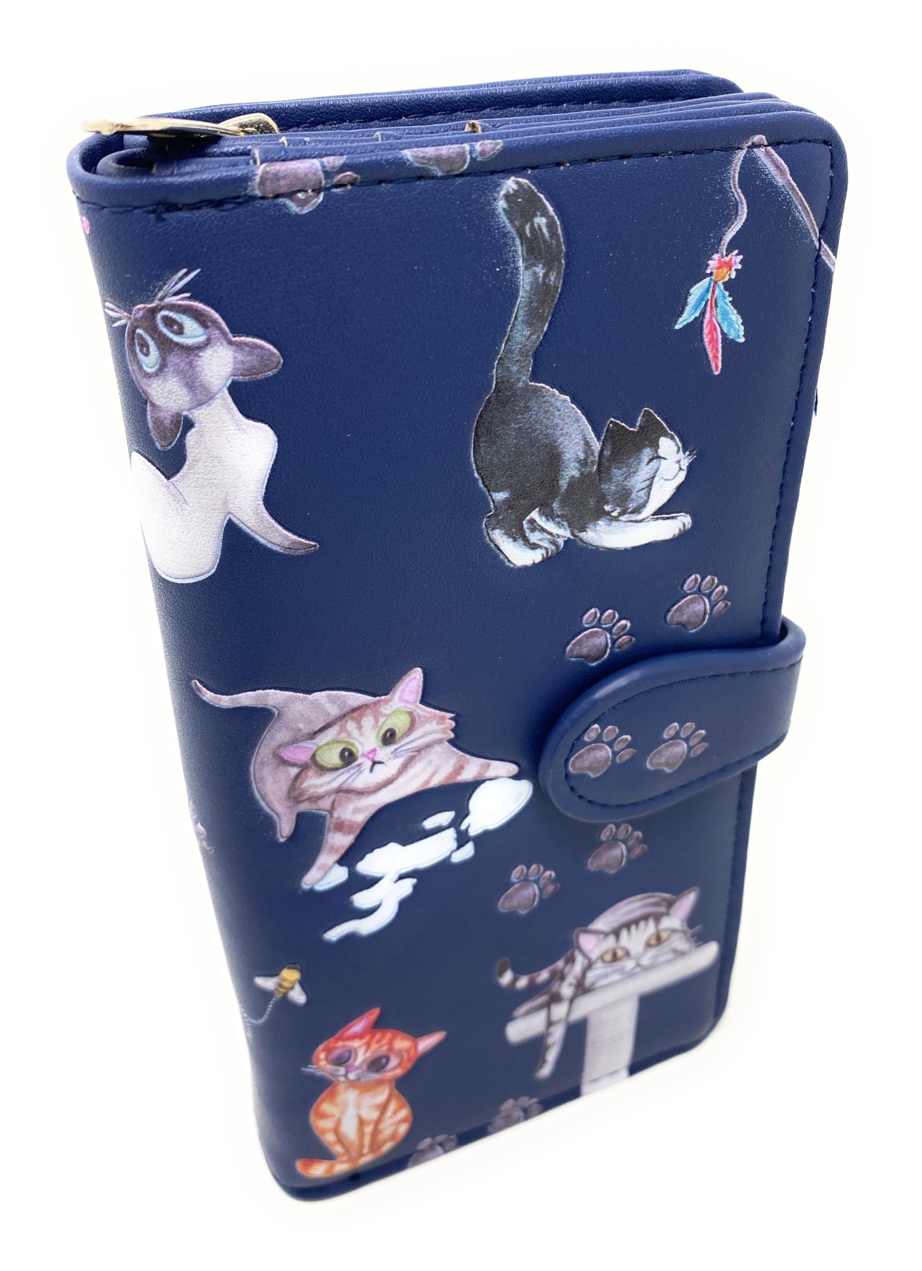 Shag Wear Playful Cats Large Wallet for Women and Teen Girls Vegan Faux Leather Blue 7"