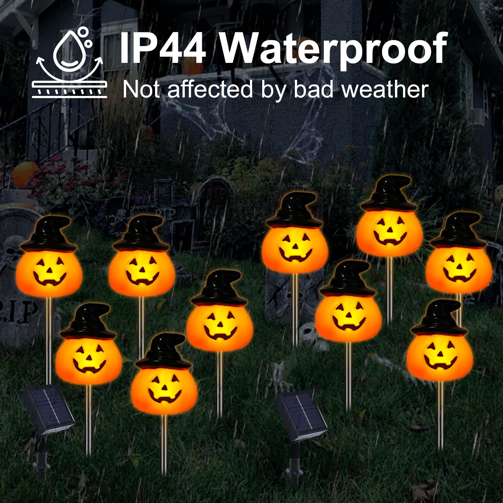Lot de 10 lampes solaires en forme de citrouille pour Halloween, décorations d'Halloween pour extérieur jardin et cour (citrouille chapeau)