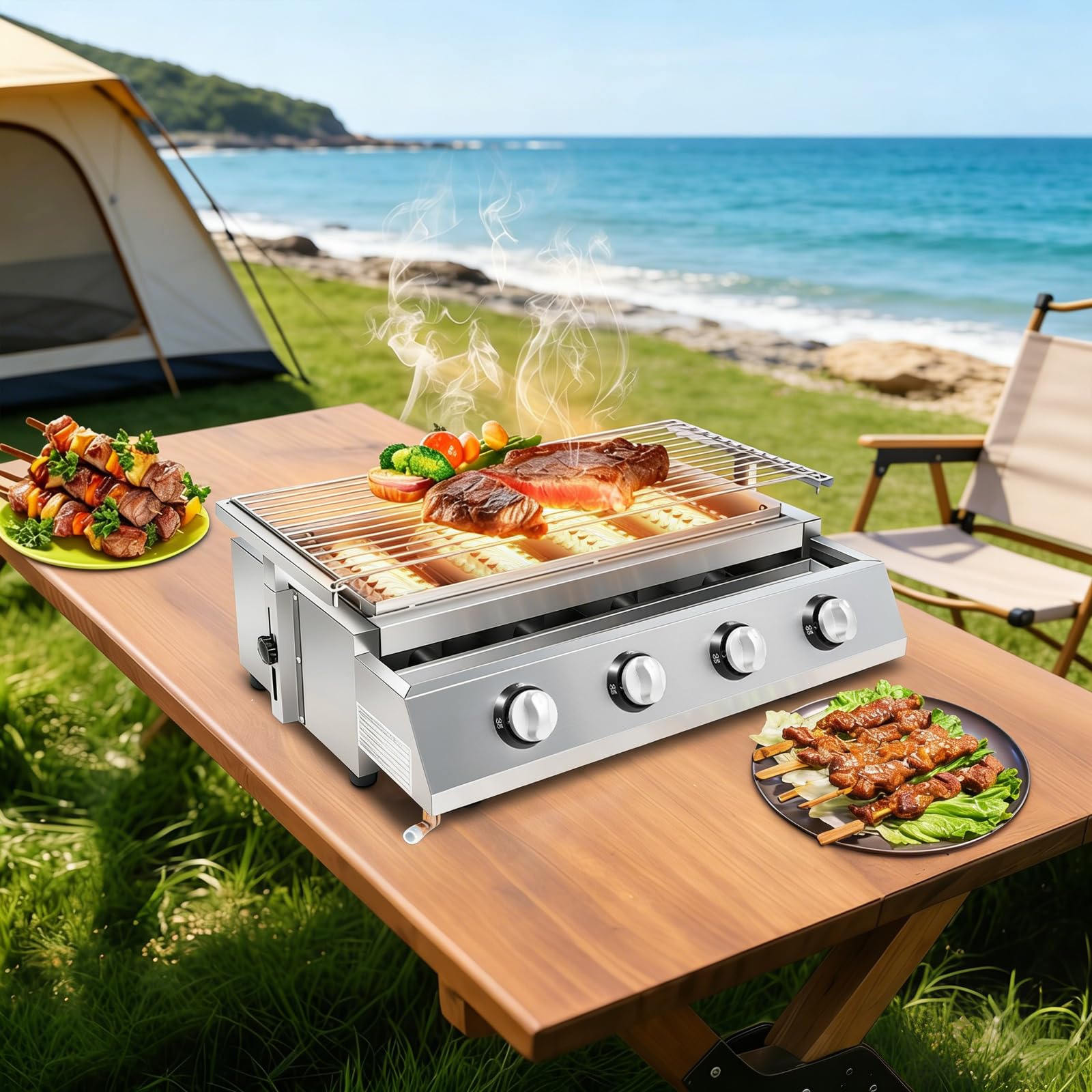 Parrilla de gas portátil de acero inoxidable, parrilla de gas profesional con parrilla, 4 quemadores de acero inoxidable, superficie de parrilla de aproximadamente 55,8 x 23,2 cm, parrilla de gas BBQ