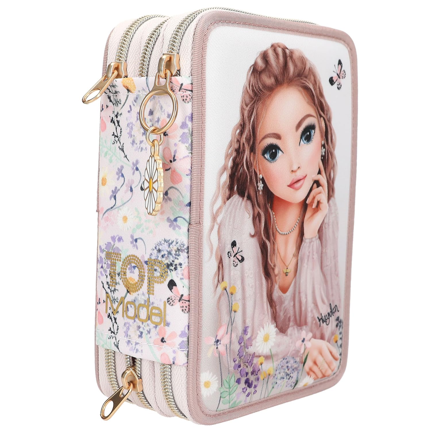 Depesche 12262 TOPModel Happy Together - Gevuld etui met 3 vakken met modelmotief en smiley-patroon, etui met kleurpotloden, schaar, liniaal enz., meerkleurig, roze, Graffiti-design, 3-voudig