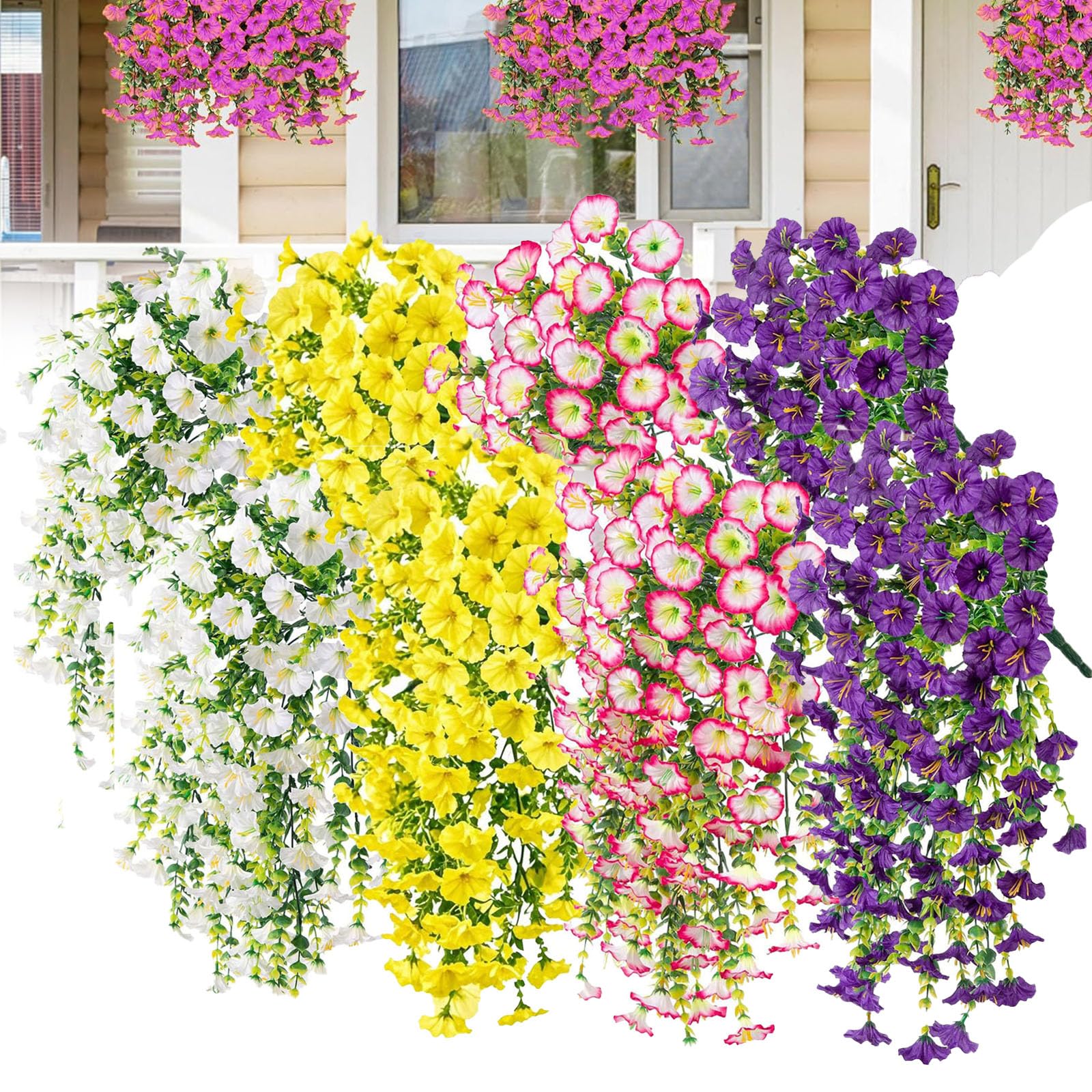 Agares C 8Pcs Ombination Artificial Morning Glory Hanging Flowers, 75Cm Lifelike Uv Resistant Faux Vine Plants With Drooping Leaves, Fake Flower Bouquets For Home Wall Porch Patio Garden (C)