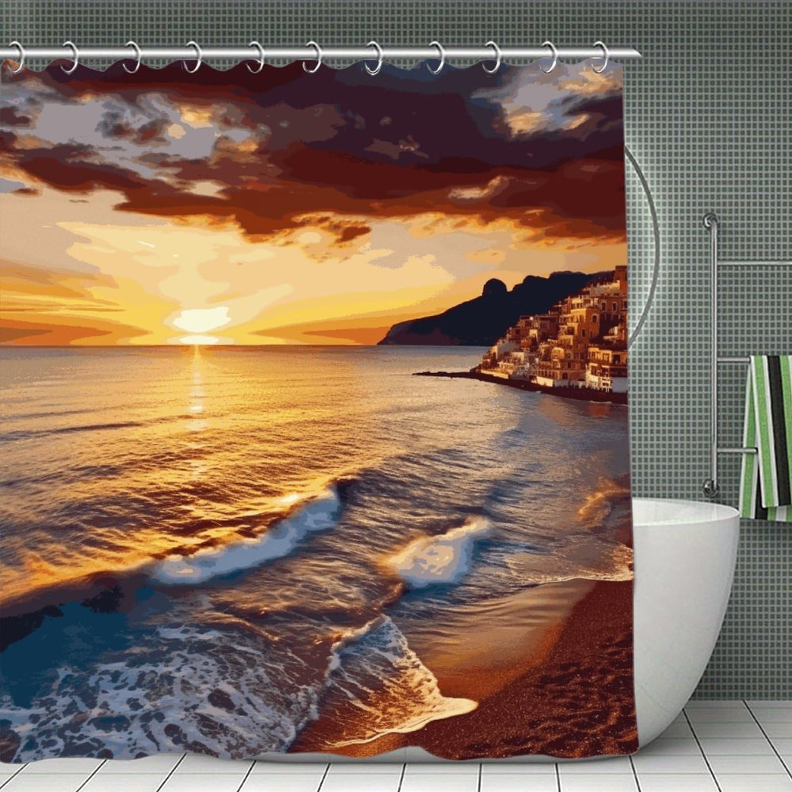FekiLoot Seaside Sunset Shower Curtain Minimalist Thick Bathroom Curtain Washable Modern Bathroom Shower Curtain Heavy Duty Waterproof Cloth Bath Curtain with Hooks 70.8"x70.8"