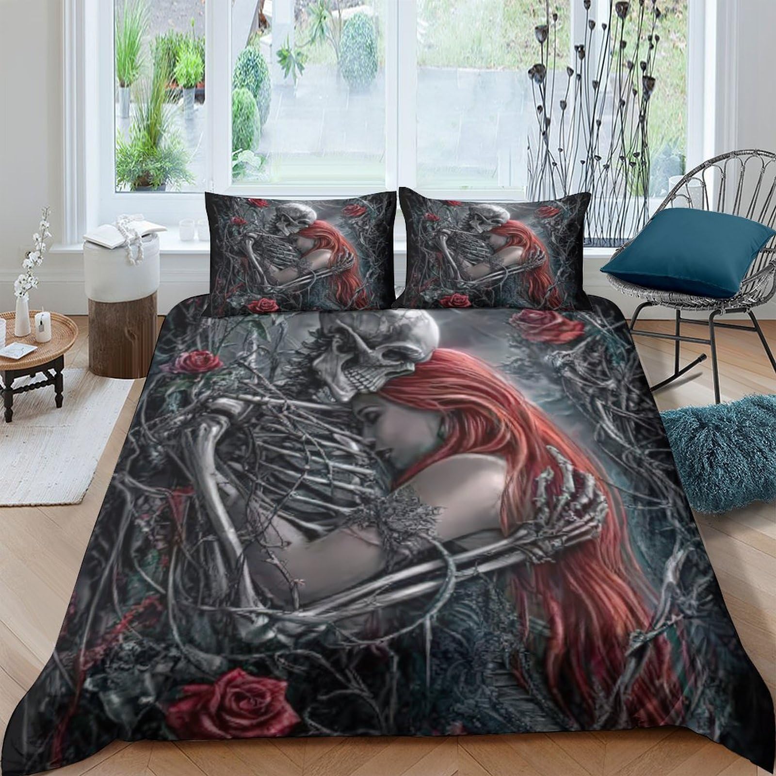 Ctjqhvkz Style-4 3D Printed Skeleton Rose Fitted Sheet Microfiber Dark Gothic Art Mattress Cover Bedroom Decor Washable Single（135X200cm）