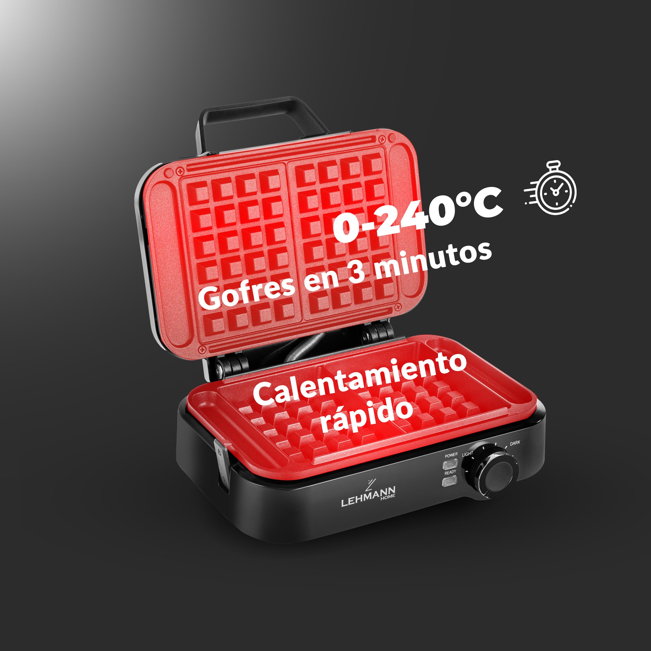 LEHMANN LHOWM-1226 Gofrera Doble Eléctrica 1200W, Maquina de Waffles para 2 Gofres Belgas, Revestimiento Antiadherente, Ajuste de Temperatura hasta 240°C, Limpieza Rápida y Sencilla