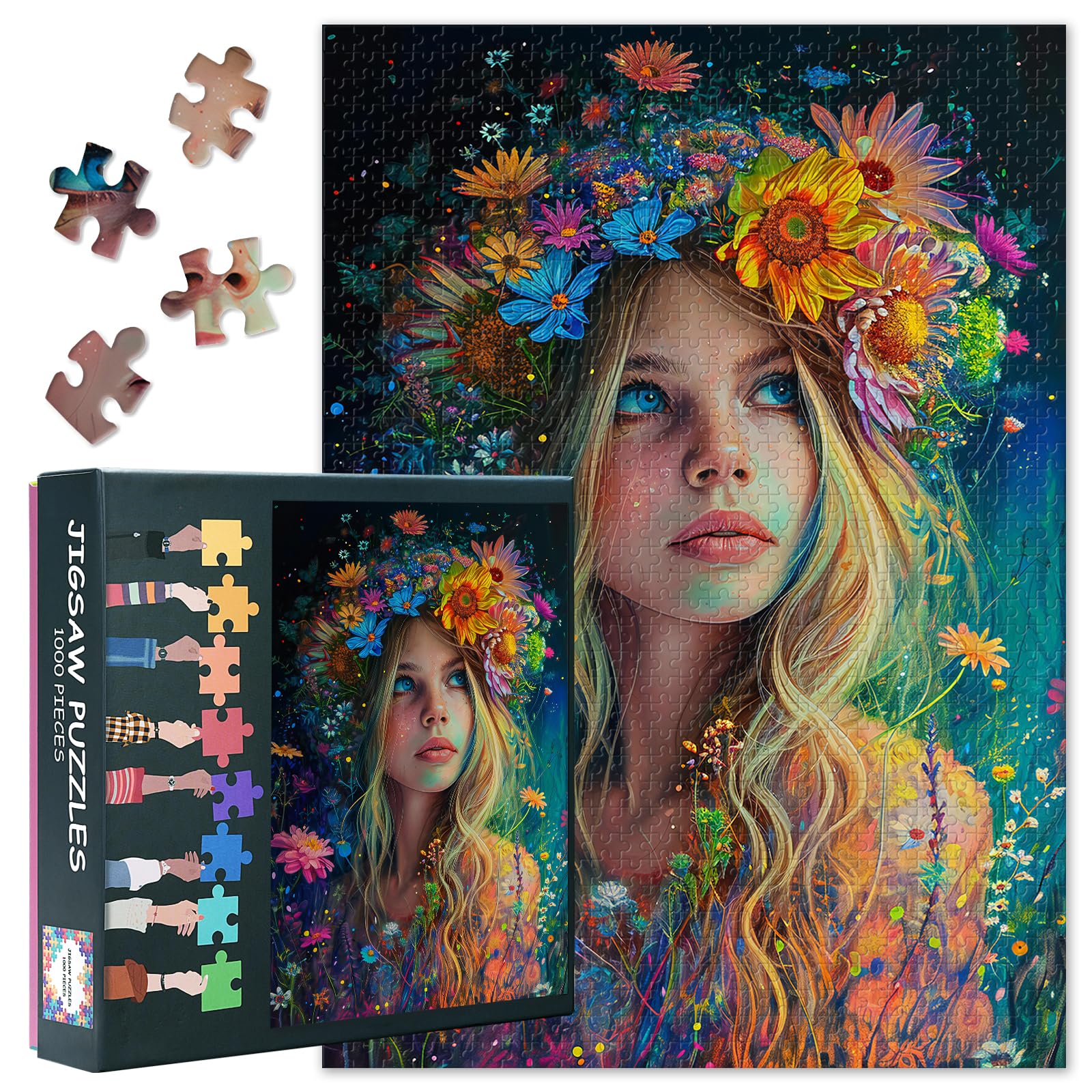 Puzzles for Adults 1000 Pieces - Beautiful Girl Jigsaw Puzzles | Portrait of a Girl with colorful Flowers Premium 1000 Piece Puzzle for Adults Flower Plants Home Decor 27x20 inches