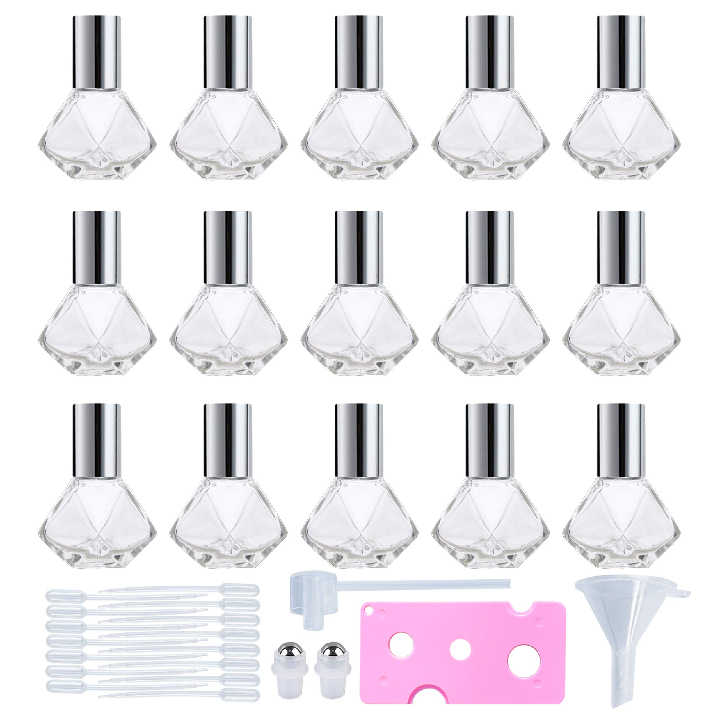 SYBiTeng 15 PCS 8 ml (0.27 oz) Mini Clear Glass Roller Bottles for Essential Oil or Cosmetic Containers refillable Travel perfume bottle with Stainless Steel Ball with Silver Cap (Silver)