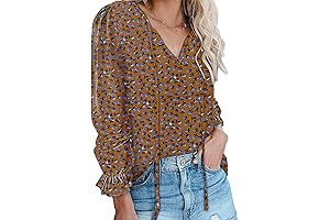 Women's Boho Floral V-Neck Drawstring Tunic Tops