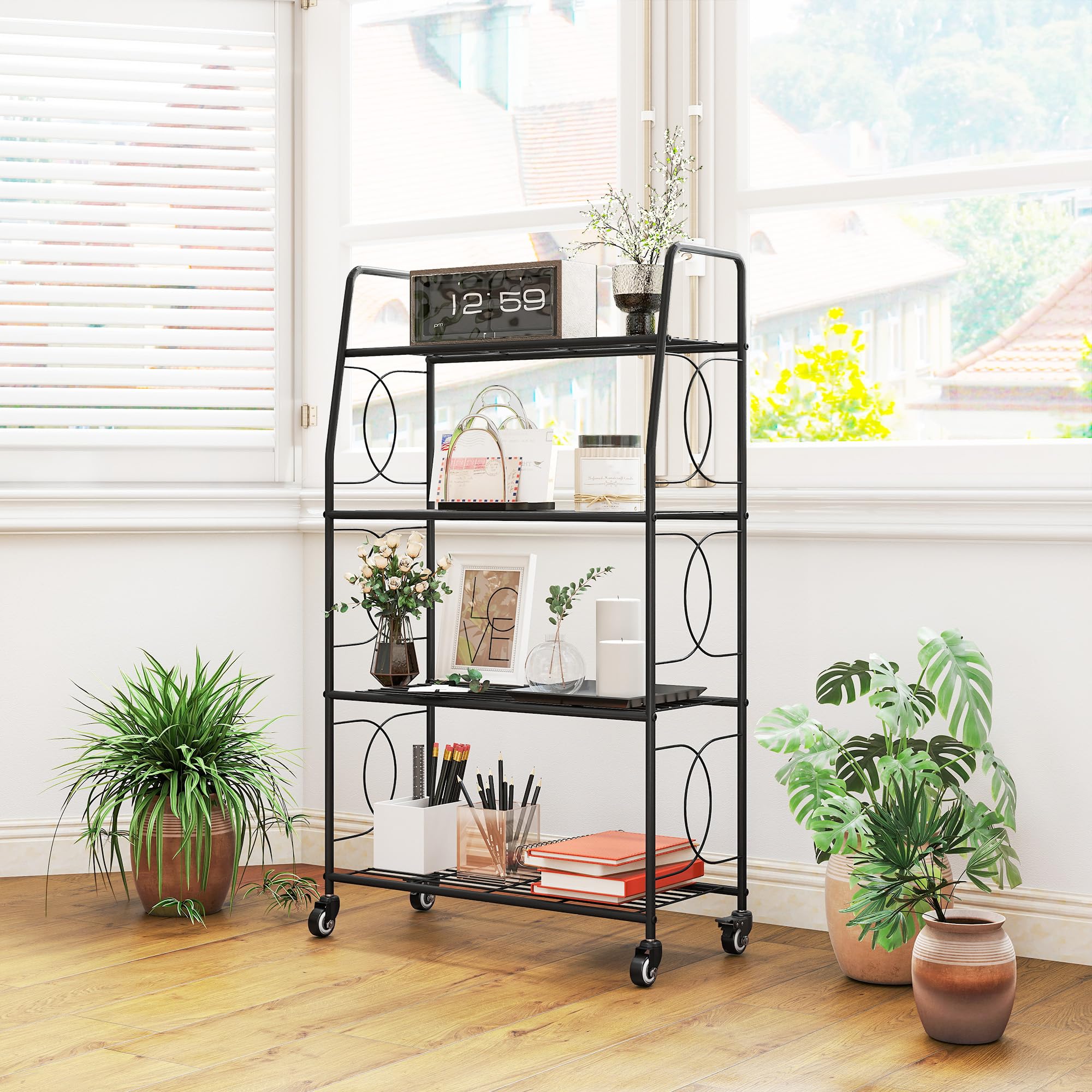 Outsunny Étagère à Fleurs Extérieur 4 Niveaux Roues 67x29x114 cm Noir | Intérieur, Support de Plantes, Étagère à Plantes, Jardin, Balcon, Salon