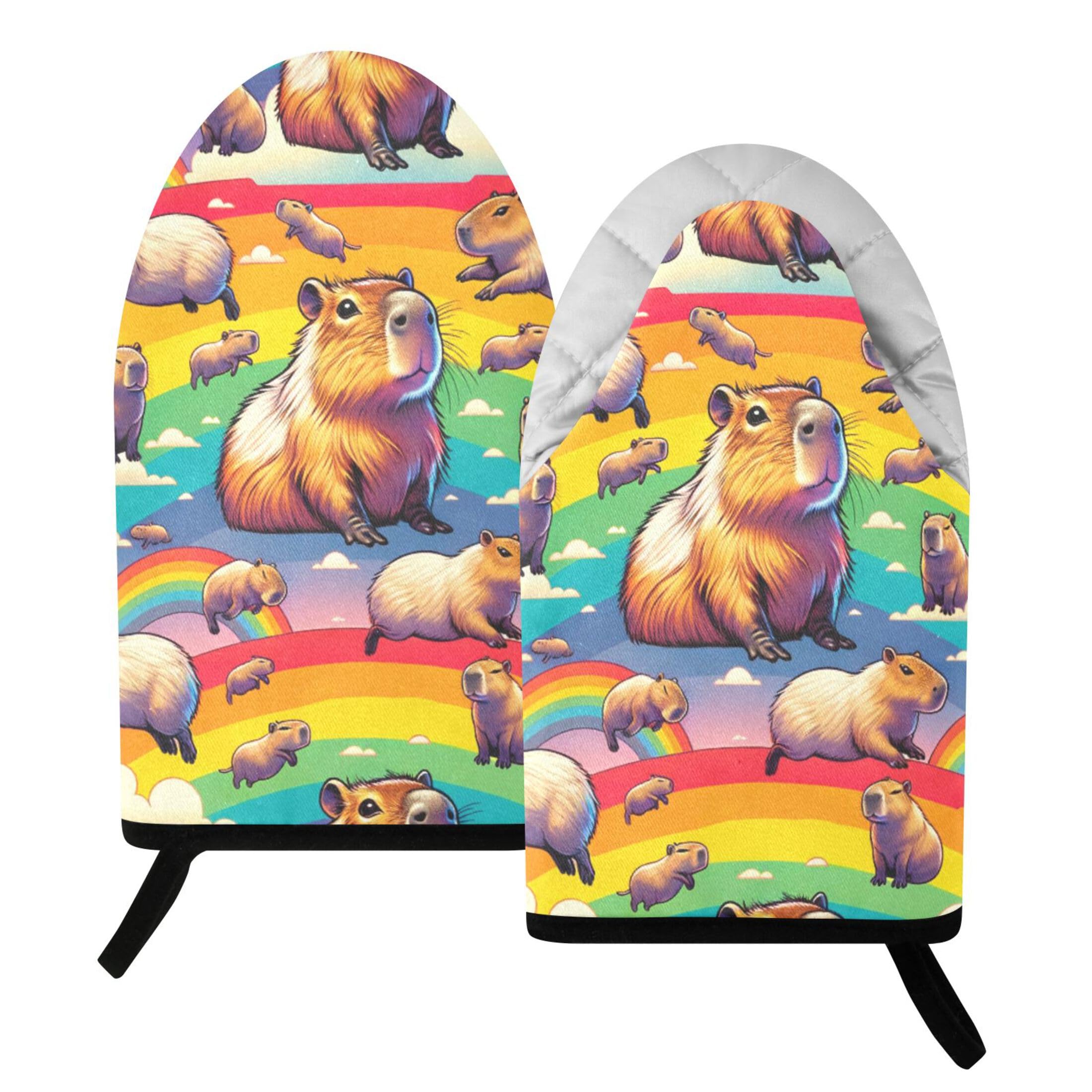Fuauuyl Oven Mitts Heat Resistant Kitchen Gloves, Cute Capybara Rainbow Classic Oven Gloves with Hanging Loop for Baking BBQ Cooking Grilling, 1 Pair, 9.5 in