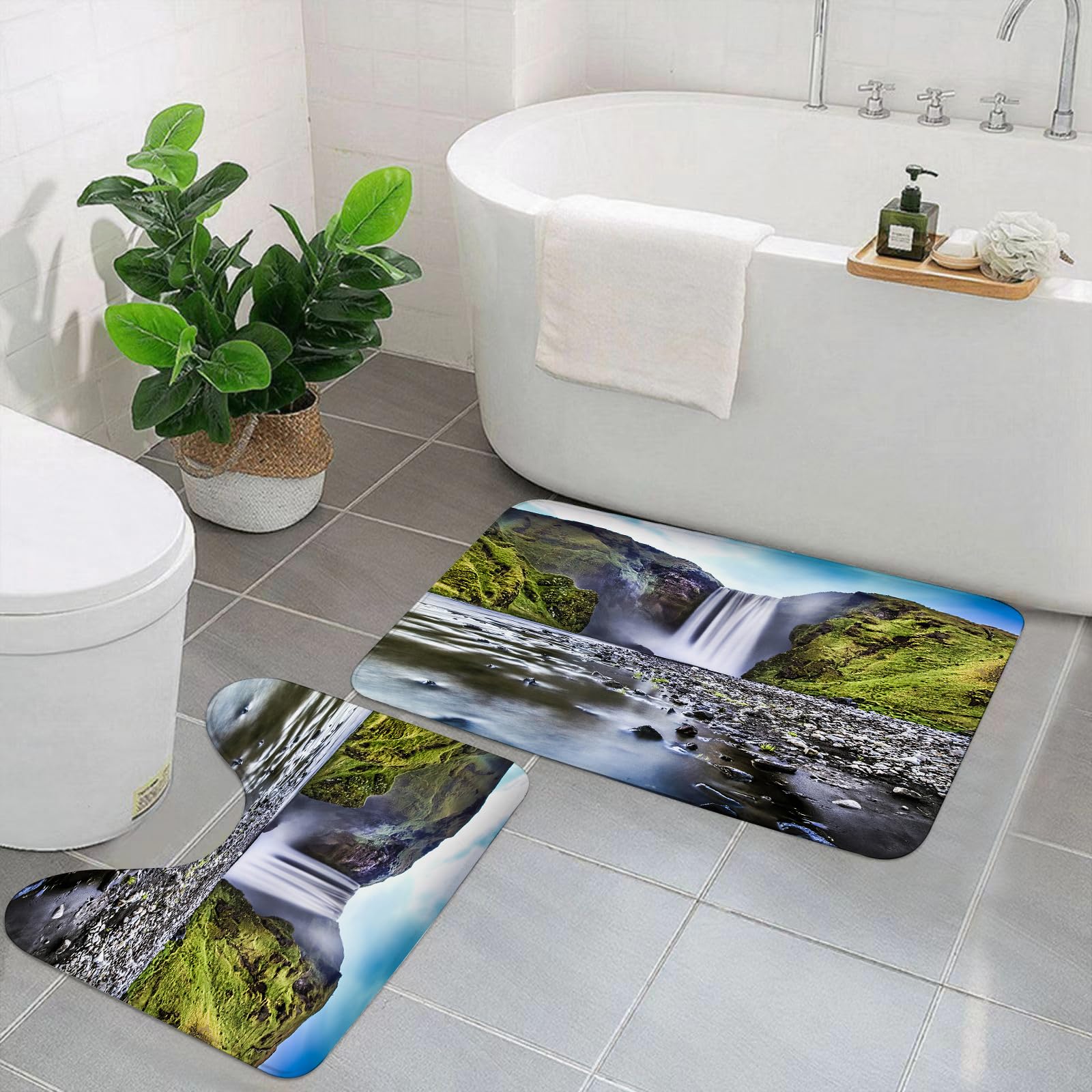 Set di 2 tappetini da Bagno, Lavabili in Lavatrice e Antiscivolo, tappetini Morbidi in Fibra Superfine, Cascata, Cascata di Skogafoss in Islanda, Fiume roccioso e H