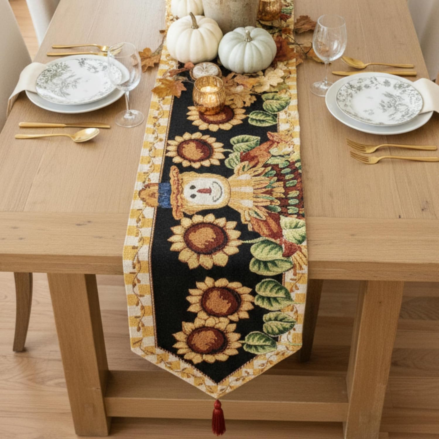 Tache Fall Table Runners 90 inches Long Sunflower Field Scarecrow Thanksgiving Table Runner Leaves Vintage Farm Harvest Table Runner Decorative Woven Black Yellow Tapestry Autumn Table Runner 13x90