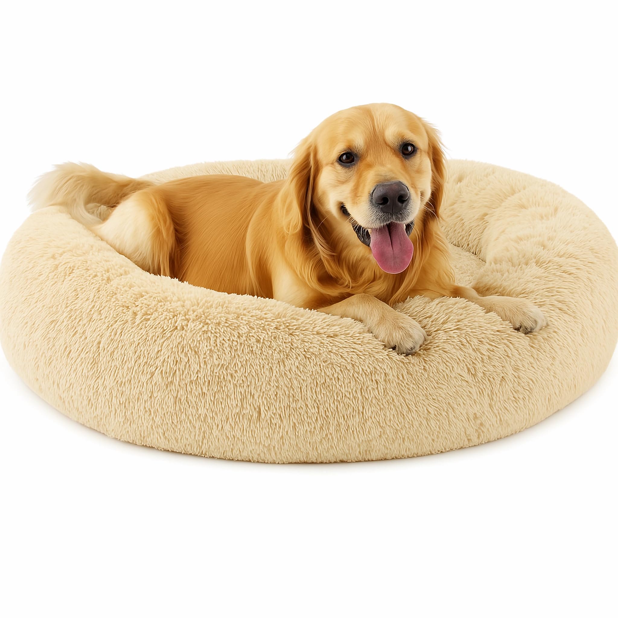 SEOUGEE Calming Donut Dog Bed, Fluffy Plush Round Cat Bed, Cosy Soft Washable Cushion Self-Warming Pet Beds Non-Slip Bottom, Indoor Sleeping Cuddler Nest for Medium Large Dogs (Apricot 100cm)
