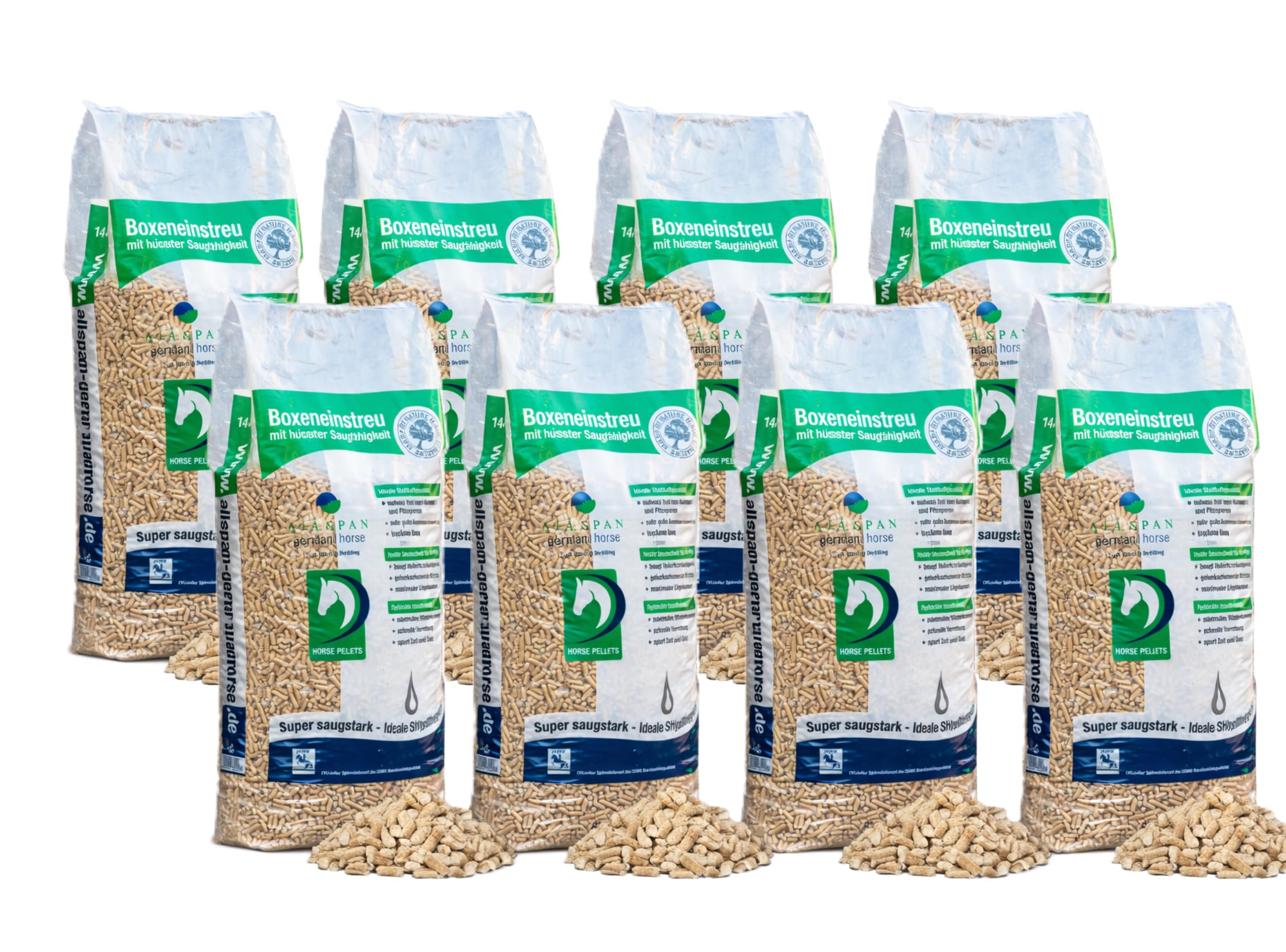 German Horse Pellets Pferdeeinstreu Holzpellets 8 x 14 kg (112 kg) | Staubarm, Extrem saugfähig, Hygienisch, Reduziert Ammoniakgerüche, Für trockene Pferdeboxen, Aus Weichholz