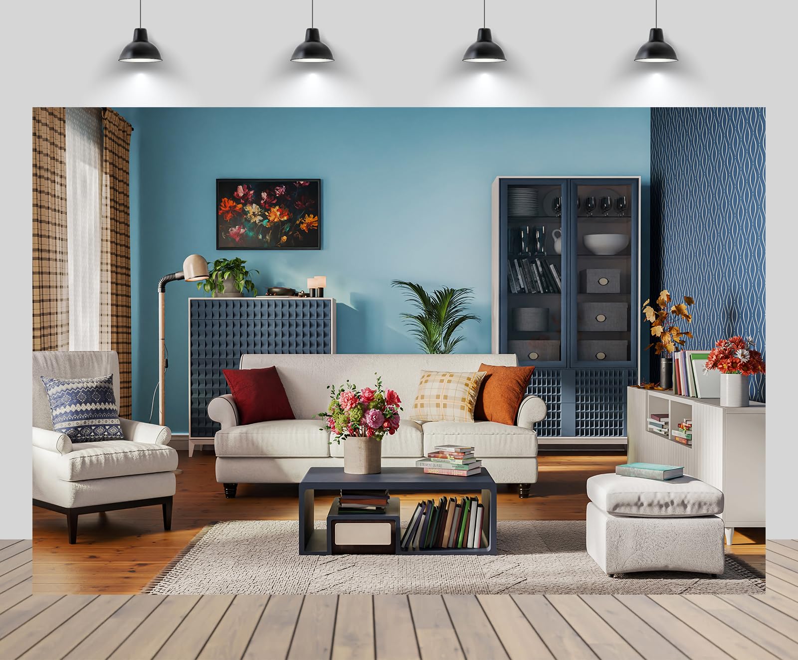 CHNYWORK 9x6ft Modern Living Room Interior Backdrop for Photography Cozy Blue Wall and White Sofa Background Home Interior Design Kids Adults Photo