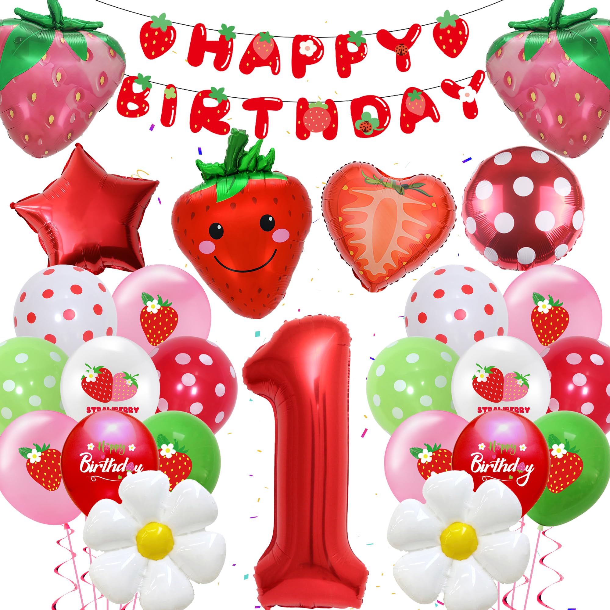 Strawberry Balloons Decoration 1st Birthday Girl - Pack of 39 Strawberry Decoration, Happy Birthday Banner, Red Foil Balloon Number 1, Cute Strawberry Daisy Balloons for Girls Sweet First Birthday