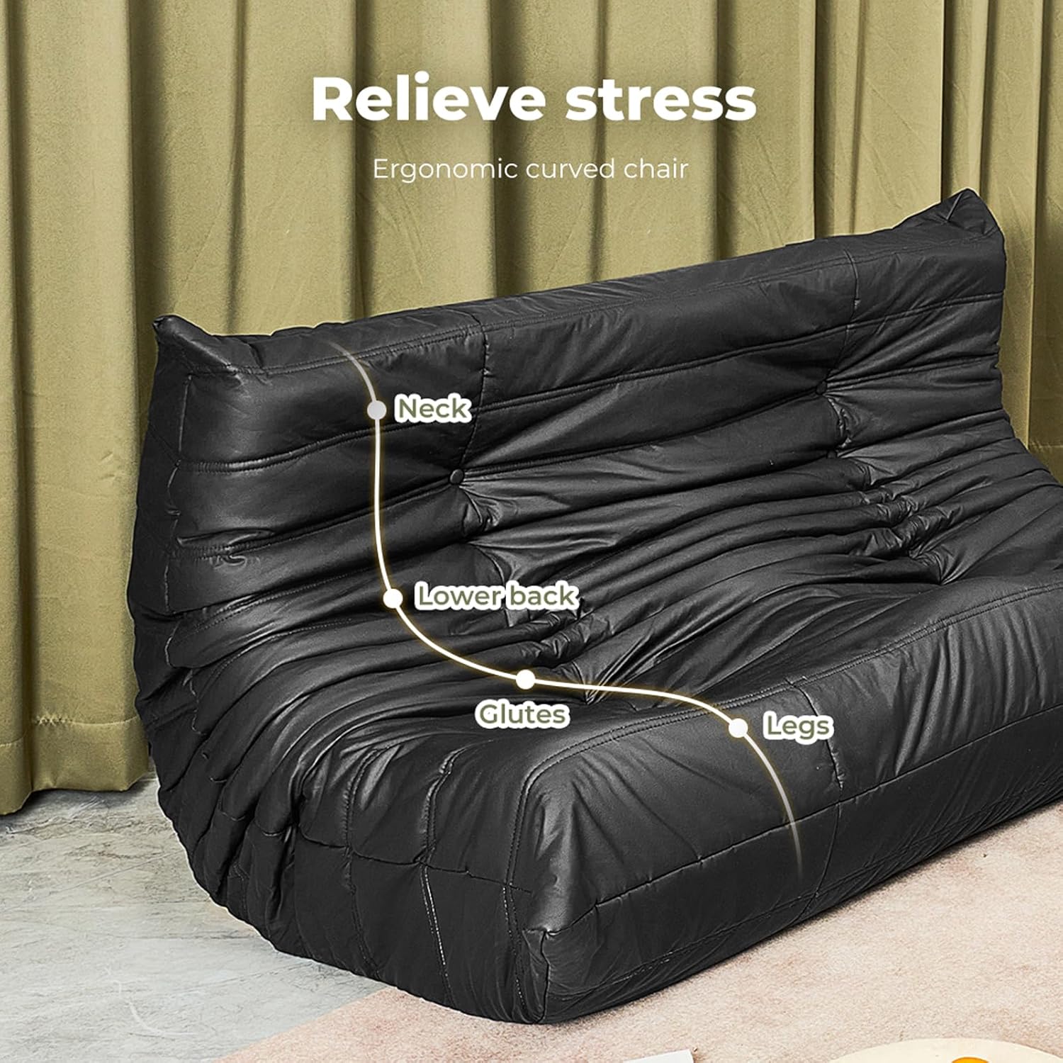 LEVEDE Floor Couch 2 Seaters with Back Support, Caterpillar Floor Lounge Sofa, Leatherier Fabric Lazy Sofa Indoor Outdoor, Recliner Chair for Living Room, Bedroom, Office(145cm x 94cm x 74cm, Black) 2-Seater Black