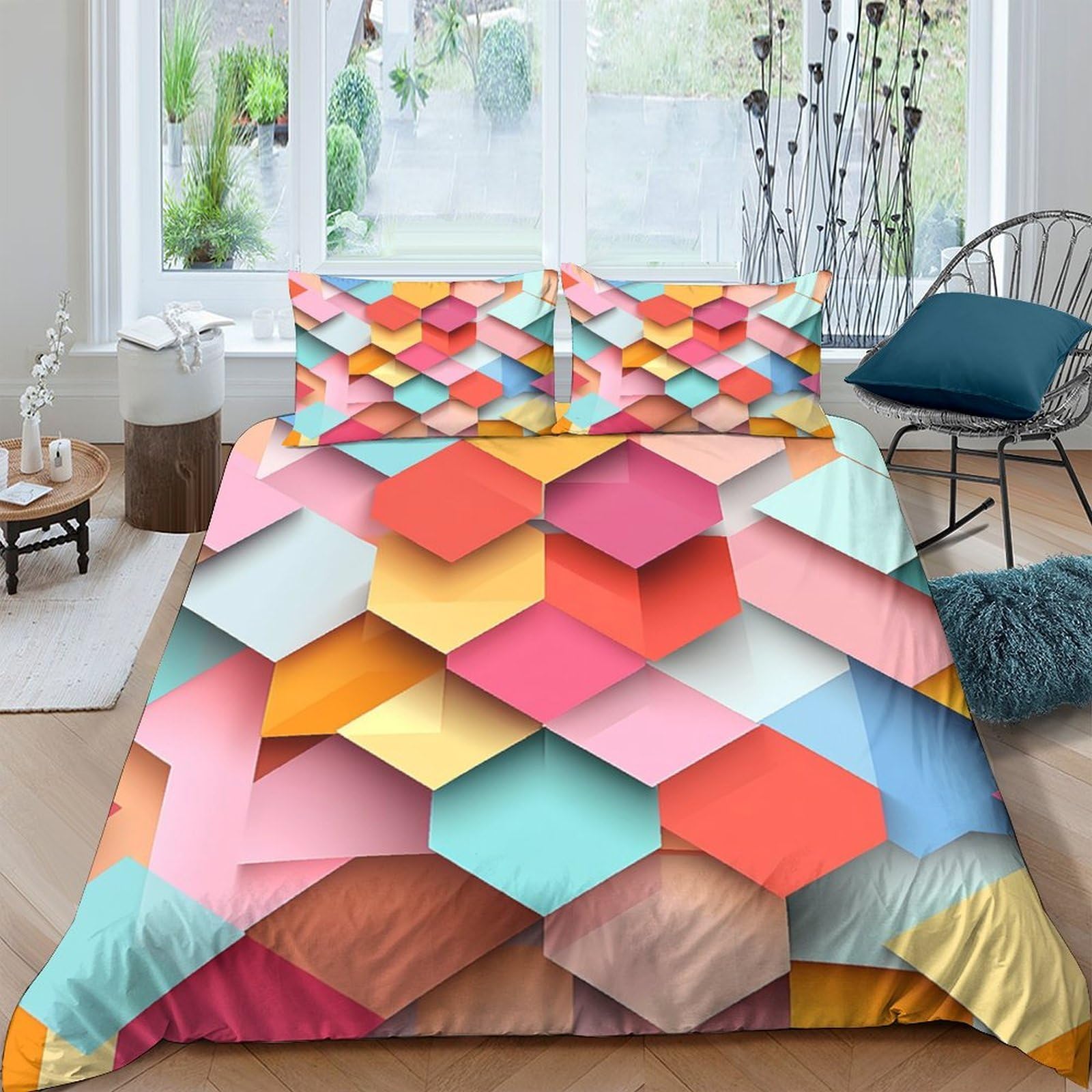 Ctjqhvkz Style-6 3D Printed Colorful Geometric Hexagon Fitted Sheet Microfiber Soft Bedroom Decor Polygon Mattress Cover Single（135X200cm）