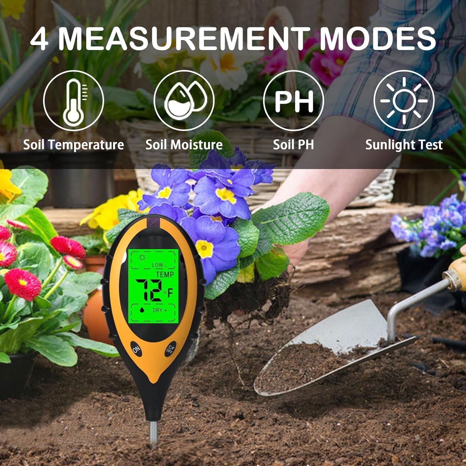 HENGBIRD Tester Gleby 4 w 1, Miernik pH Ziemi Trawnik, Analizator Gleby Cyfrowy z Temperatura Swiatlo i Wilgotnosc, Sonda 19,6 cm do Ogrod Balkon Rosliny Domowe