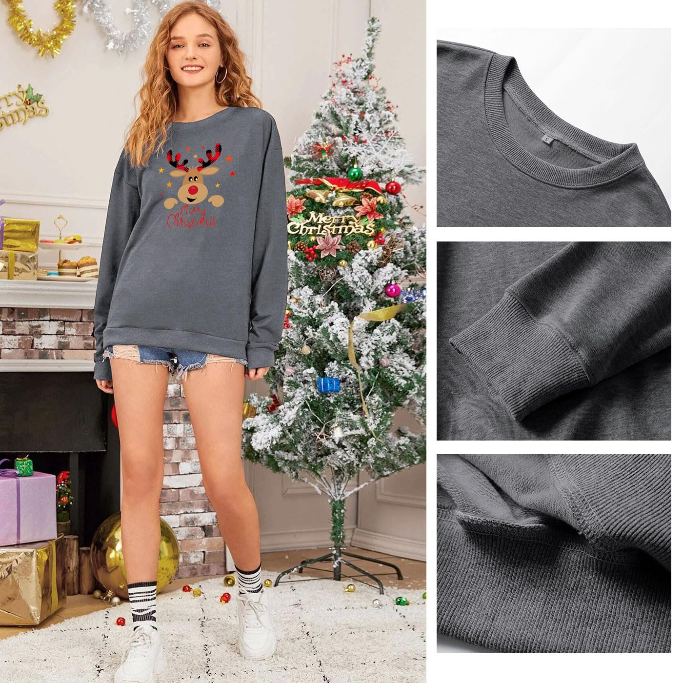 WIEIYM Felpa natalizia da donna con stampa grafica renna, maglia a maniche lunghe, unisex, pullover casual girocollo per donne/uomini, taglie S-XXL
