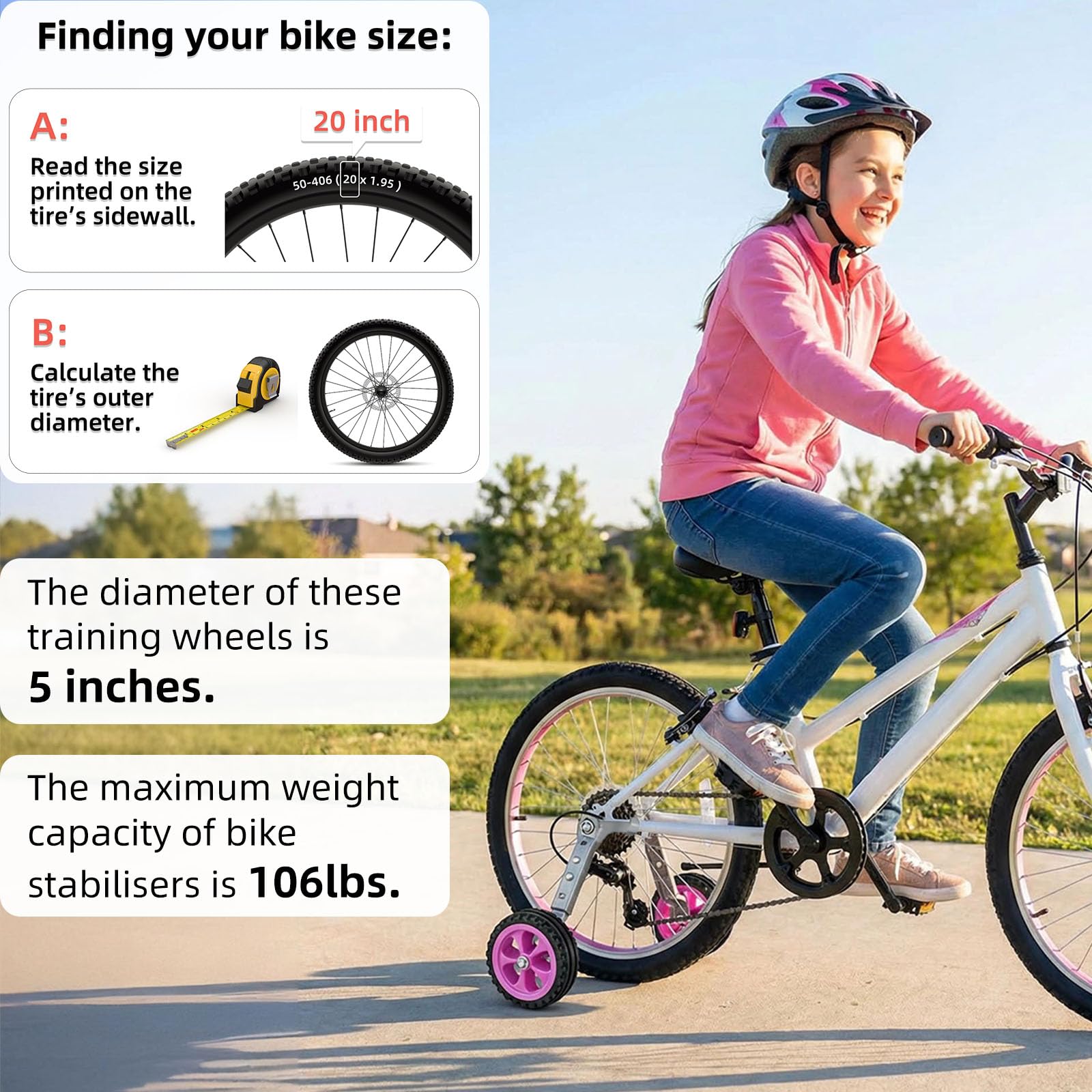 Ruedas de entrenamiento ajustables para bicicleta, kit de ruedas de entrenamiento para bicicleta de 16, 18, 20, 22, 24 pulgadas, incluye estabilizadores para velocidades variables, color rosa