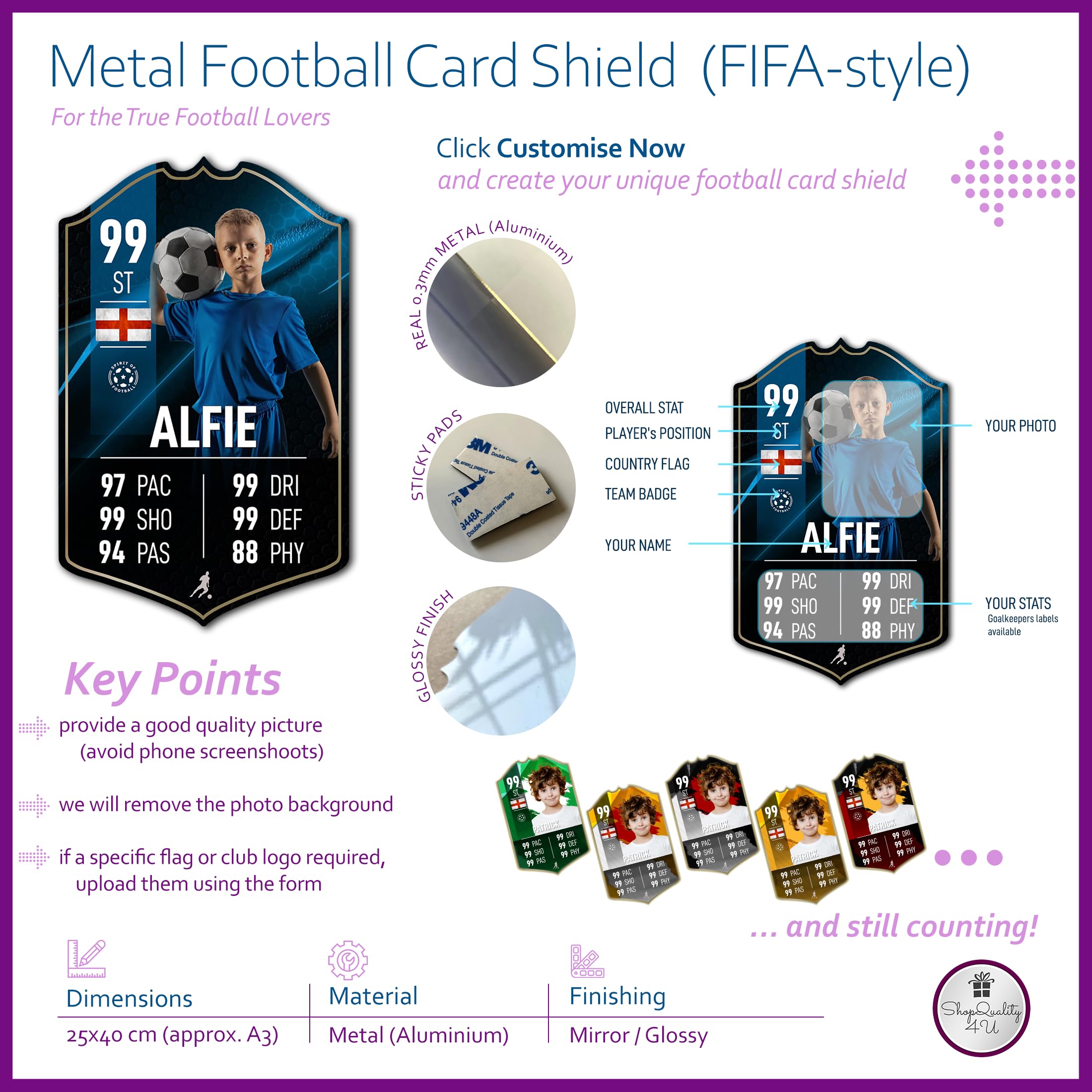 ShopQuality4U Panneau personnalisé de carte de statistiques de joueur de coupe de football – Panneau de bouclier en métal imprimé sur fond doré, art mural, joueur A4, ajouter un nom (28 x 17 cm)