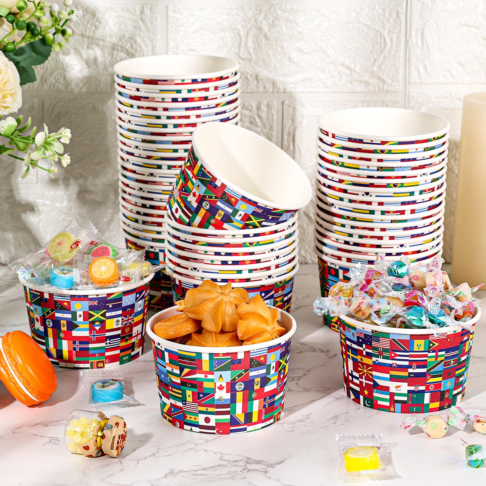EYNDYN 50 Pcs International World Flags Paper Cups Bulk 9 oz Treat Snack Bowls Disposable Ice Cream Cups for Around the World Globe Travel Trip Party Supplies Decorations