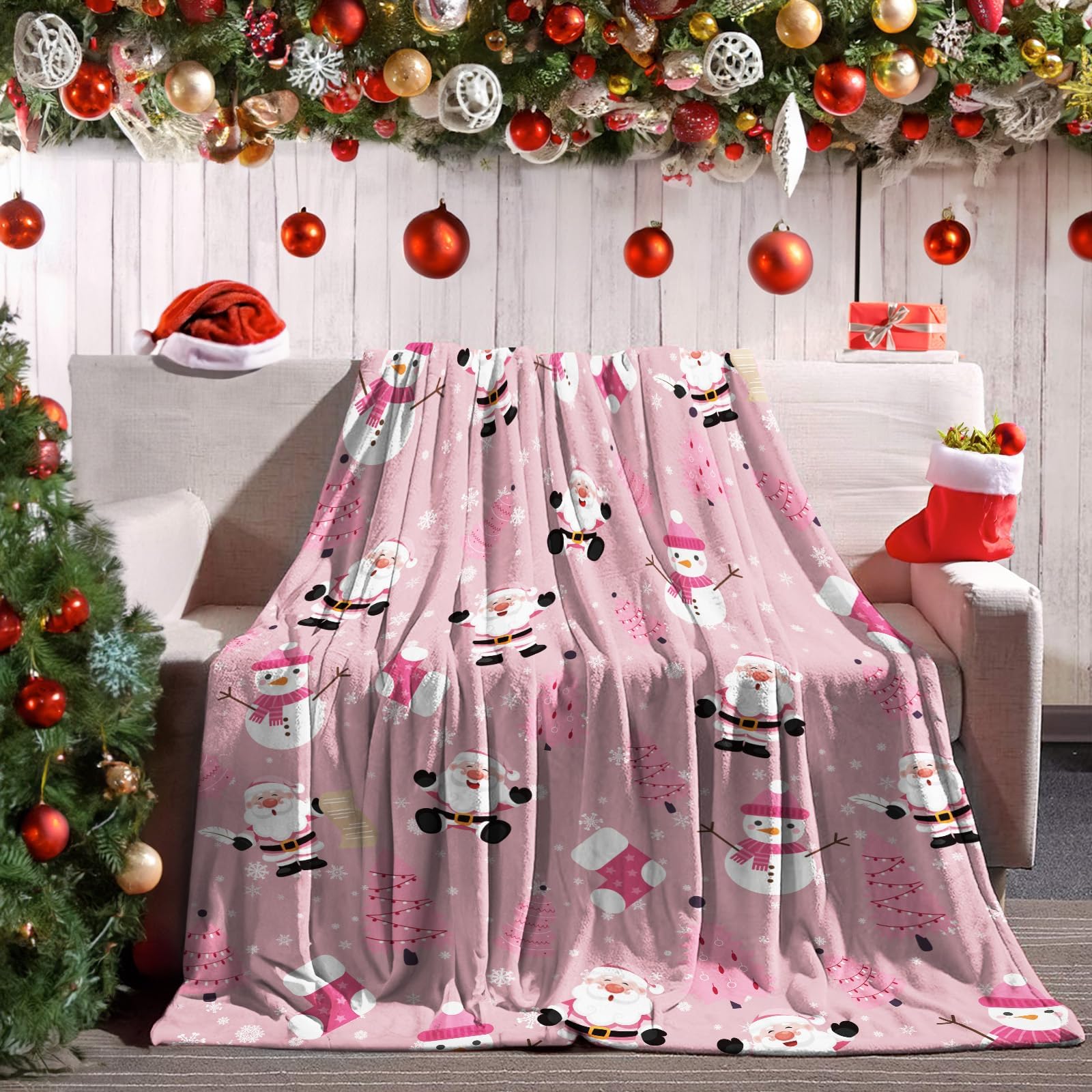Pink Christmas Throw Blanket Flannel Fleece Holiday Blankets and Throws Cozy Warm Soft Blankets for Couch Cute Pink Snowmen Santa Claus Christmas Tree Prints Xmas Gifts Blanket for Girls 130cmx152cm - Image 2